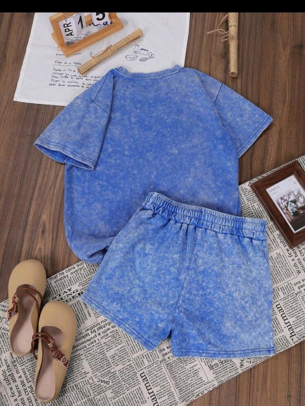 2-Piece Blue Mineral Acid Wash Matching Tee & High Rise Shorts Lounge Set XL - Picture 2 of 8